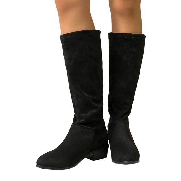 EKVAHL Women's Knee High Boots, Non‑Slip Faux Suede Slouch Tall Boots, Low Block Heel Wide Calf Walking Boots Black