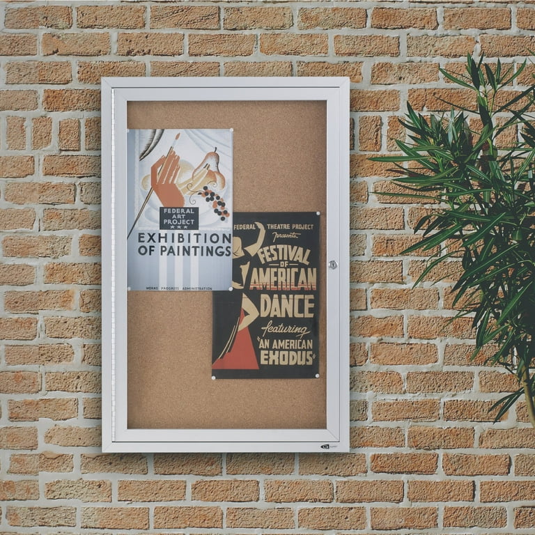 Enclosed Indoor Cork Bulletin Board with One Hinged Door, 24 x 36, Tan Surface, Silver Aluminum Frame Enclosed Indoor Cork Bulletin Board with One Hinged Door, 24 x 36, Tan Surface, Silver Aluminum Frame