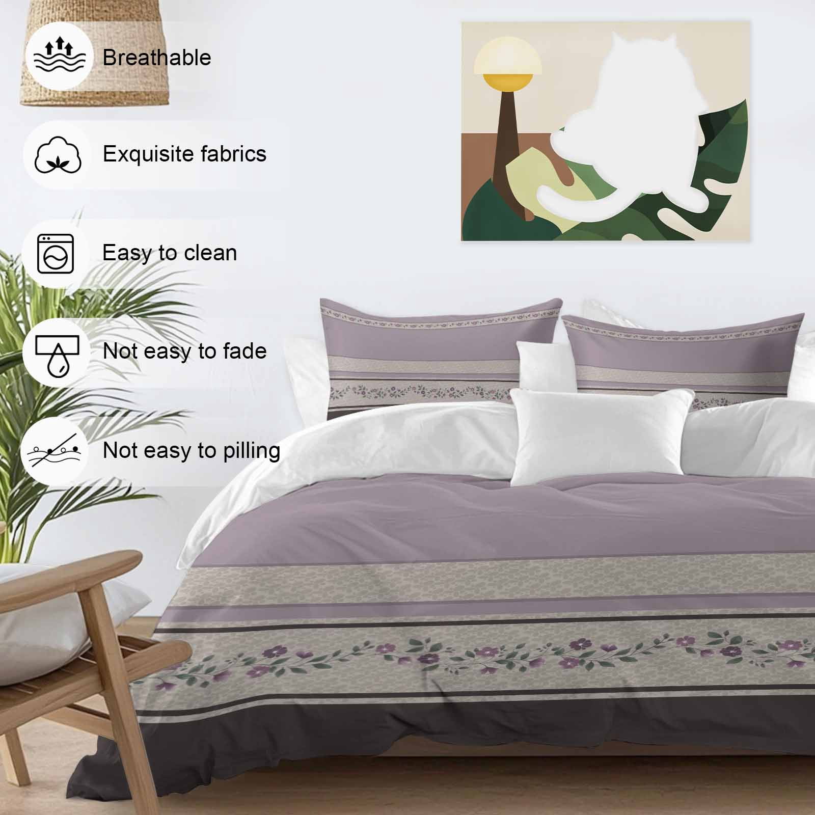 Purple Floral Bedding 3 Piece Duvet Cover Set California King, Modern Farmhouse Leaves Brown Striped Microfiber Comforter Cover with Zipper Closure & Pillowcases, Wrinkle & FadeResistant Quilt Cover