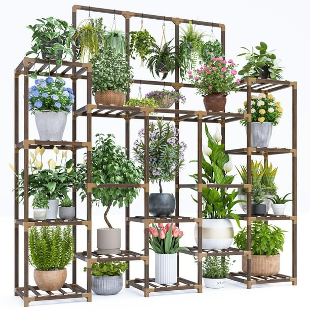 Soporte para plantas alto para interiores y exteriores, estante grande para plantas de madera para interior de 22 macetas, soporte para plantas de 4 niveles para patio, sala de estar