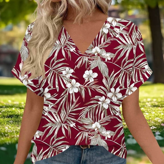 Njagoc3 Women's V-Neck Short Sleeve Top - Burgundy-Back & White Floral Print Bold Everyday & Outing Casual Wear