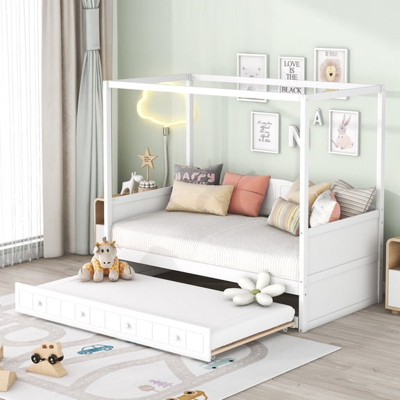 Jopath Twin Size Floor Bed with Roof, Kids House Floor Bed with Trundle for Boys Girls White