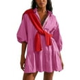 thumbnail image 3 of Chouyatou Women's Summer Puff Sleeve Tiered Tunic Babydoll Dress Cute Mini Button Down Shirt Dress, 3 of 6