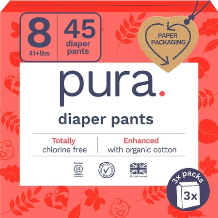 Pura Pull-On Diaper Pants with 360 Degree Stretchy Waistband, Size 8, 45 Count (Choose Your Size and Count)