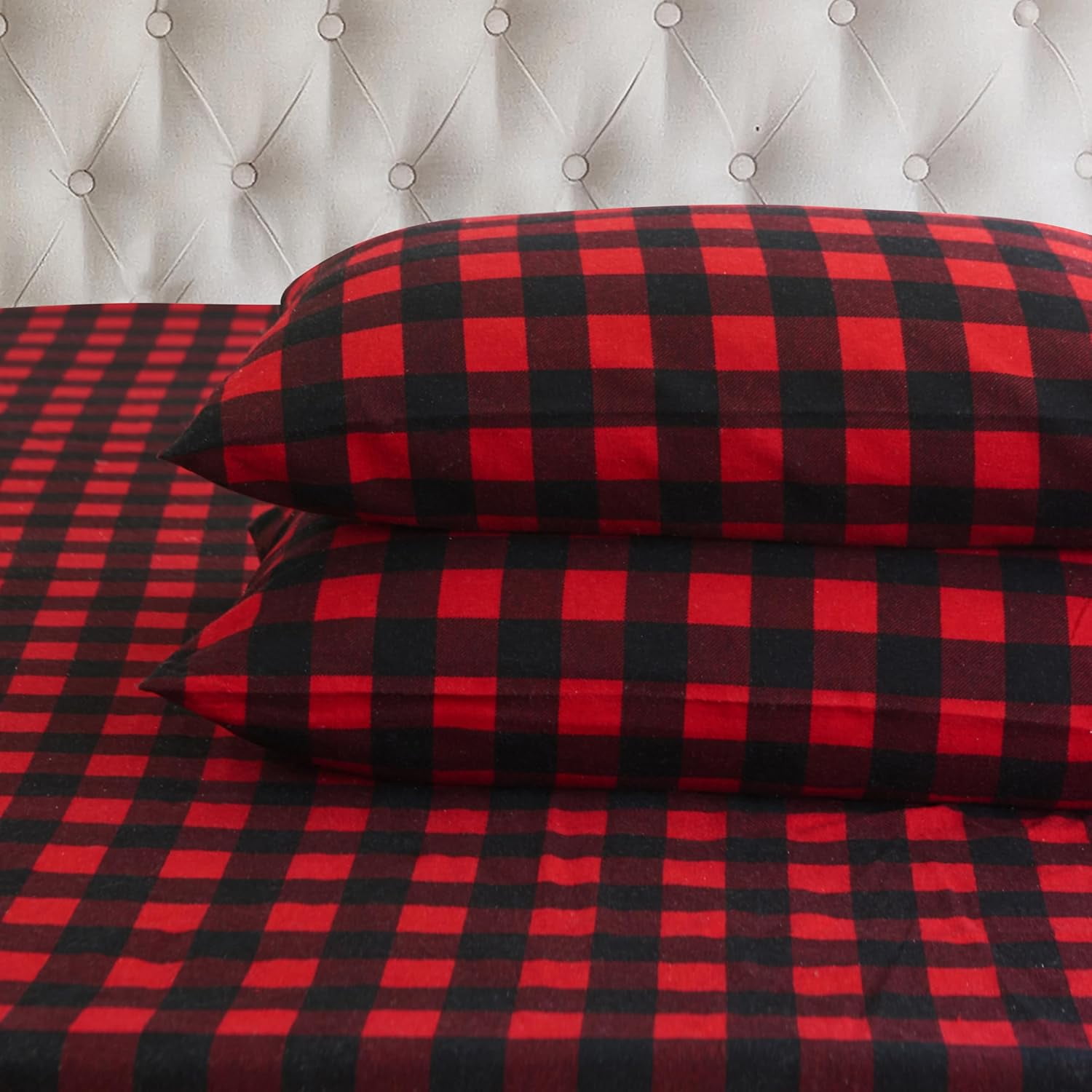 Elegant Comfort Soft 4-Piece Cotton Flannel Sheet Set -Deep Pocket Fitted Sheet, Flannel Sheets - Twin XL, Buffalo Check Burgundy