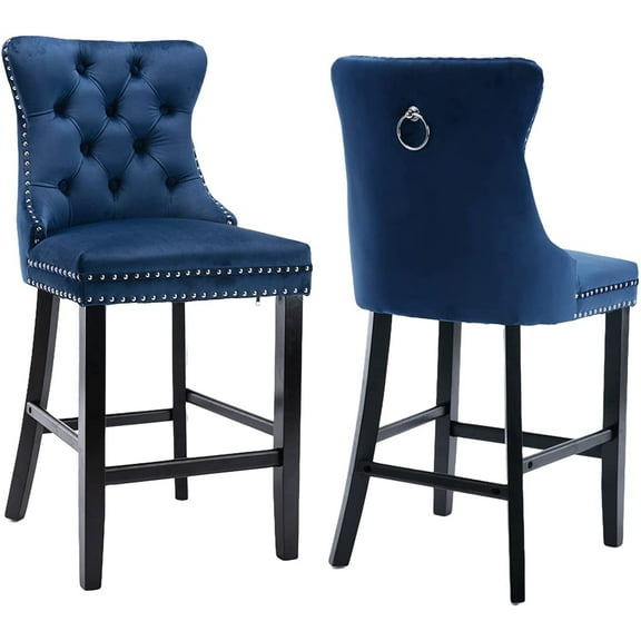 Bar Stools Set of 2, LegaHome Velvet Bar Stool with Back, Solid Wood Frame & Nailhead Trim, Counter Height Bar Chiar Button Tufted Upholstered Seat, Full Back Bar Stools, Blue