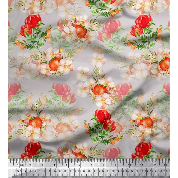Soimoi Gray Poly Georgette Fabric Tomato & Peony Floral Print Fabric by the Yard 42 Inch Wide