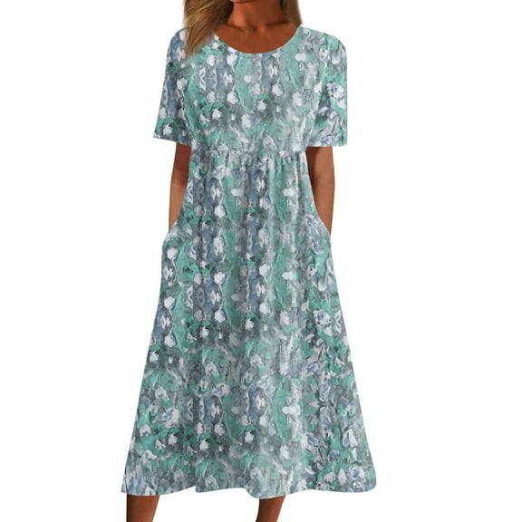Nmnitkp Summer Dresses for Women 2026 Excellent Workmanship Spring Dresses Beautiful Fashion Casual Round Neck Short Sleeve Zipper Folding Floral Printed Dresses