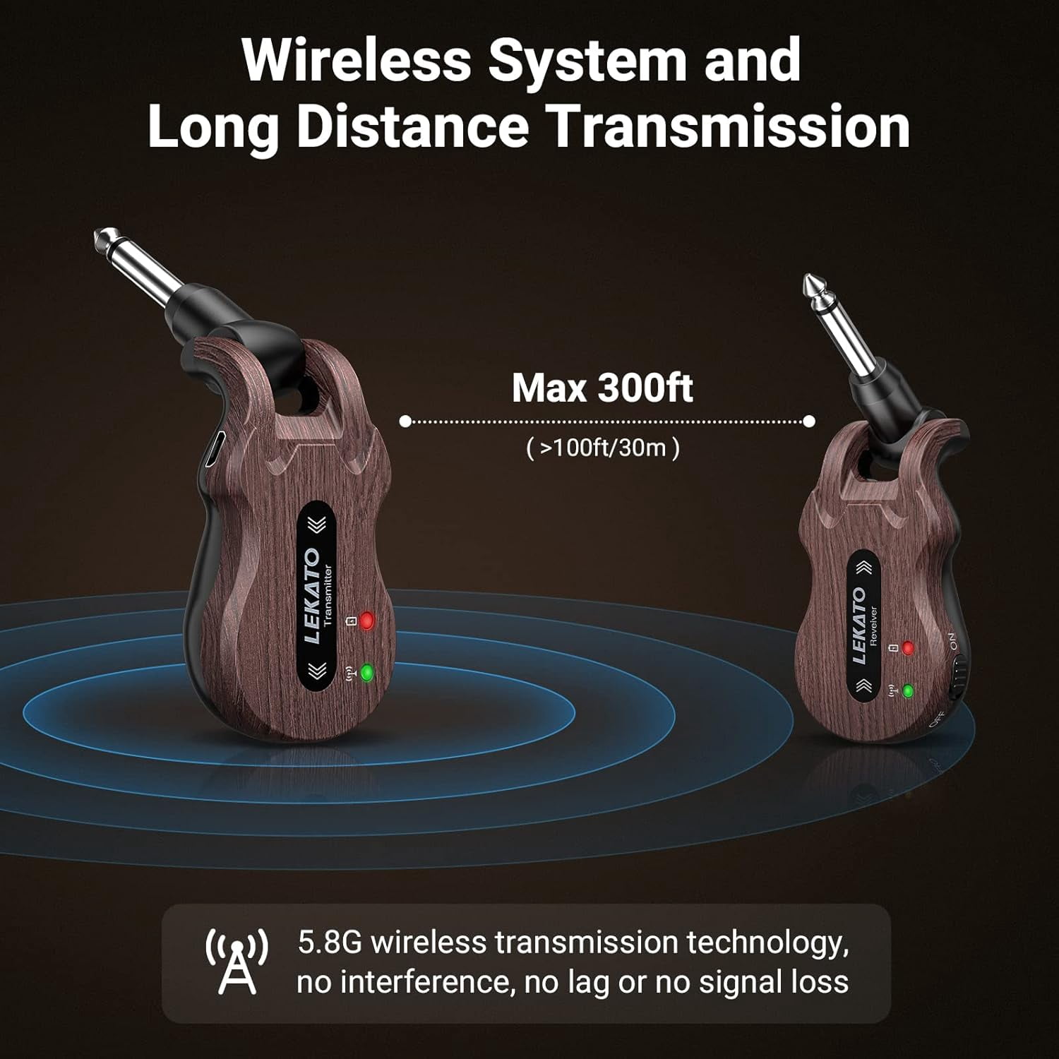 Lekato Wireless Guitar System 5.8 Ghz Stereo Receiver with USB cable 48K/24bit high quality signal