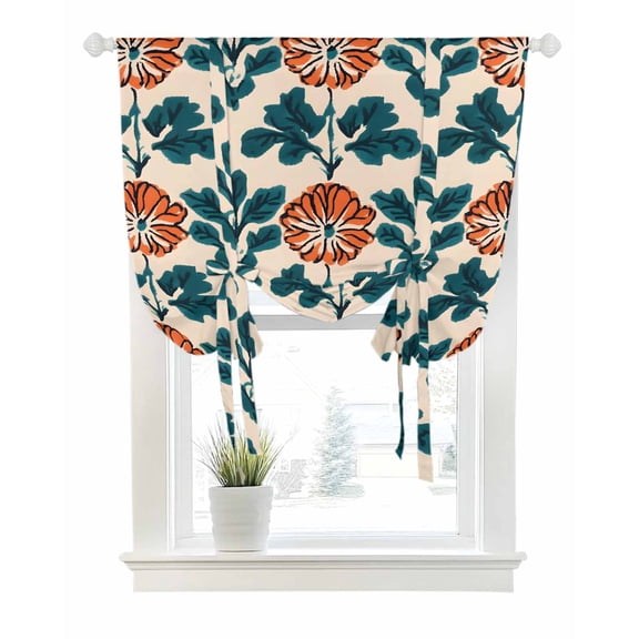 Orange Green Botanical Art Tie Up Curtains for Window, Thermal Insulated Balloon Shade Adjustable Rod Pocket Curtains Valance Panels for Kitchen Bathroom Cafe 52 x 63 Summer Greenery Floral