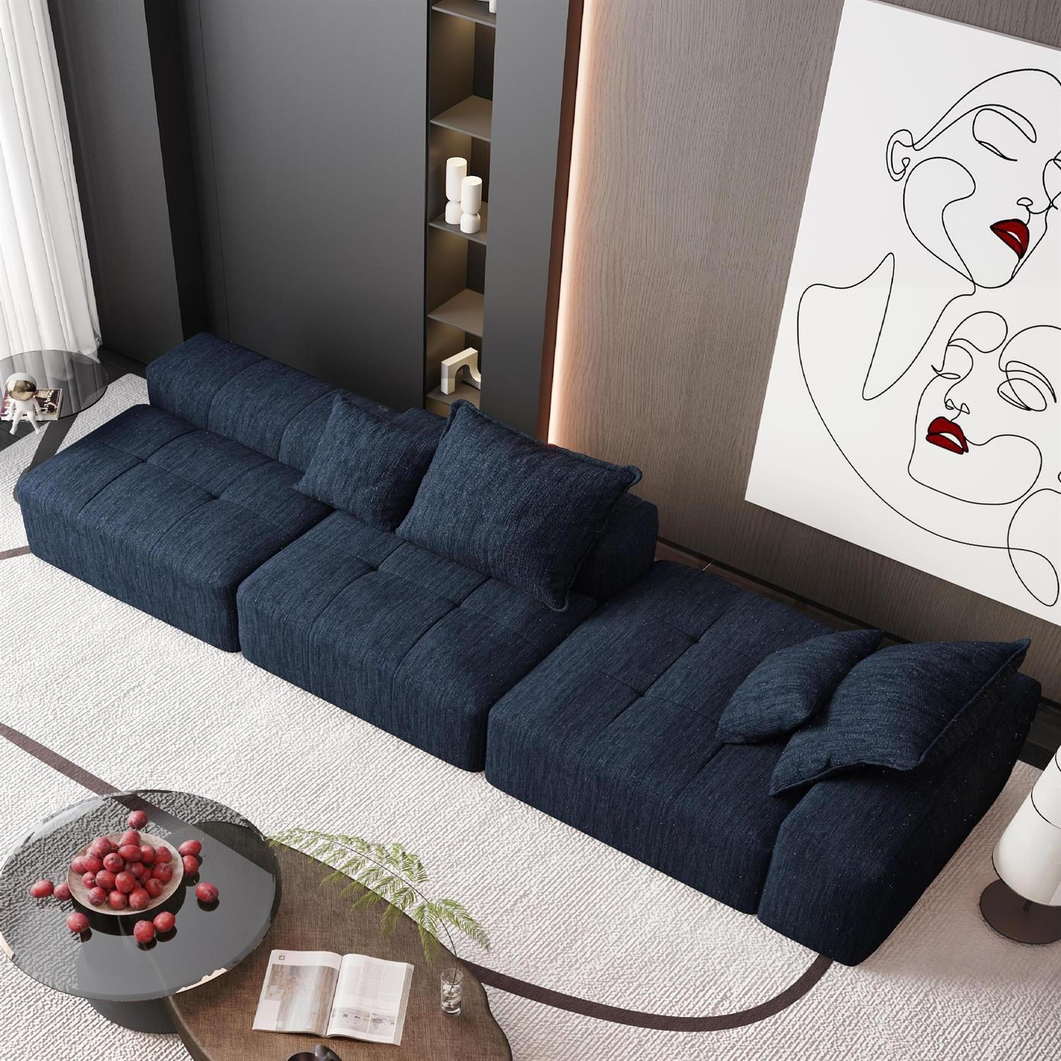 Demi Bonn 127" Modern Oversized Modular Sectional Sofa Set with 4 Pillows, Ottoman, Soft Chenille Fabric DIY Tufted Couch for Living Room, No Assembly Needed, Blue