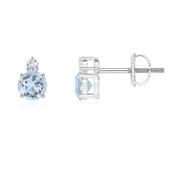 ANGARA Natural Basket-Set Round Aquamarine Stud Earrings with Diamond in 14K White Gold for Women (Size-4mm) | March Birthstone, Anniversary, Jewelry Gift for Women | Natural Aquamarine Earrings