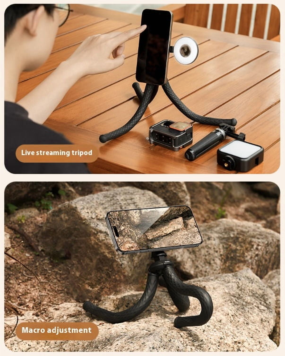 Flexible Magnetic Octopus Tripod - Bigcan Adjustable Phone Stand with MagSafe Mount for Vlogging, Desk Recording, Outdoor Travel, Overhead Shooting