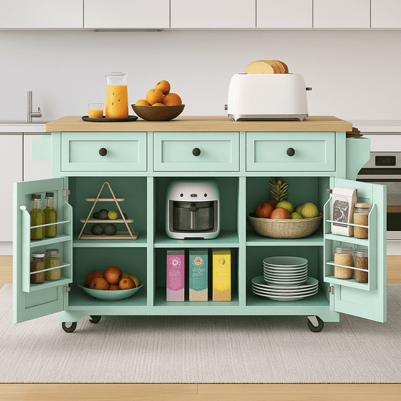 Kitchen Cart with Rubber wood Drop-Leaf Countertop ,Cabinet door internal storage racks,Kitchen Island on 5 Wheels with Storage Cabinet and 3 Drawers for Dinning Room, Mint Green