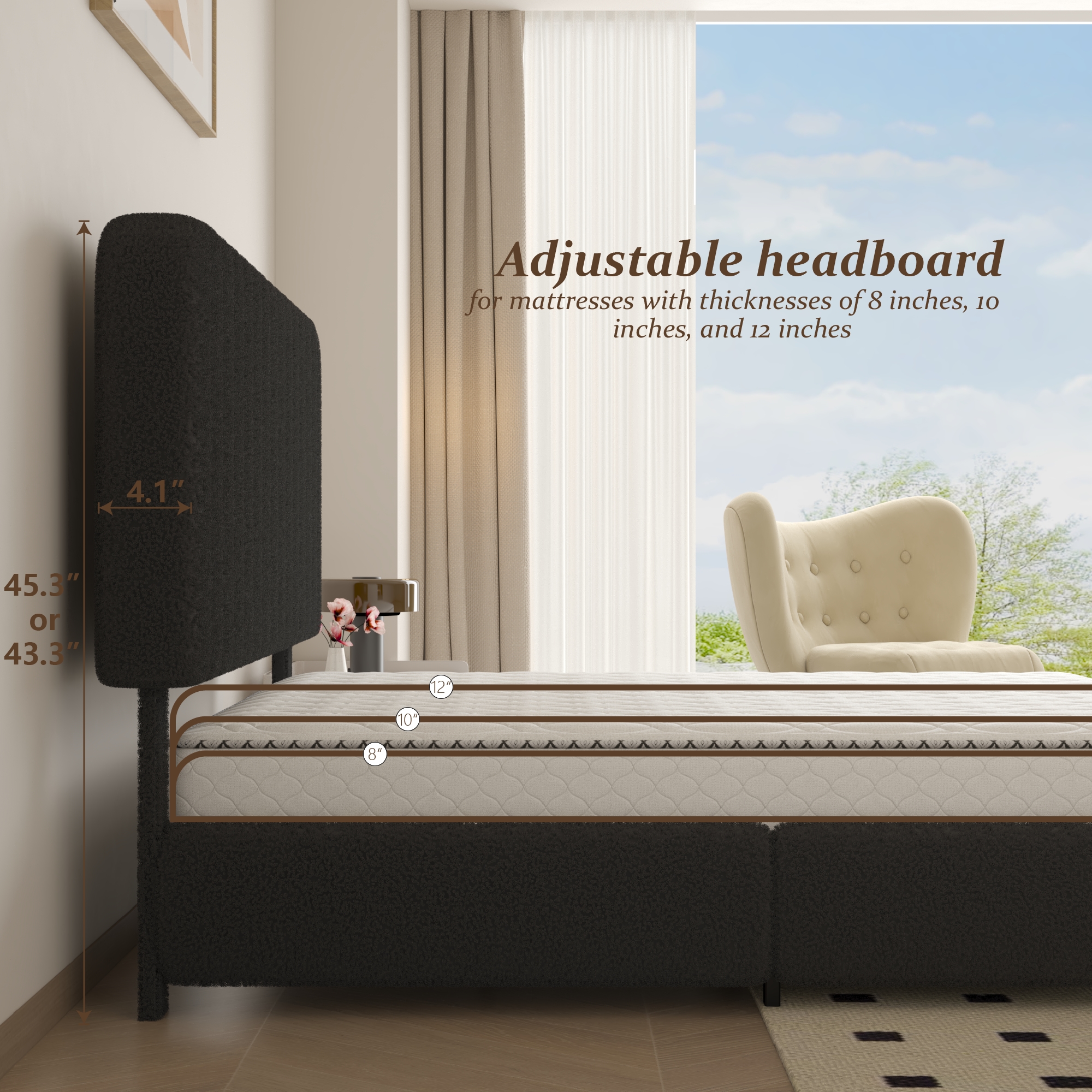 VIPLOV Queen Size Boucle Bed Frame, Upholstered Cloud Platform Bed Frame with Adjustable Headboard, No Box Spring Needed, Noise Free Design, Easy Assembly, Black