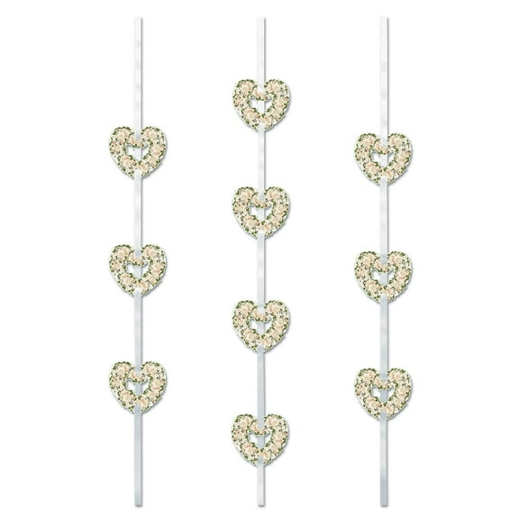 Club Pack of 12 Gold and White Valentine Floral Heart Ribbon Stringer Hanging Silver Party Decors 4'