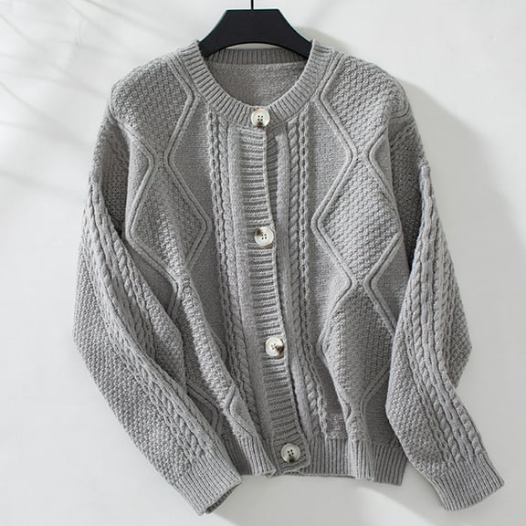 Qulqfy Button Up Cardigan Sweaters Women Long Sleeve Crew Neck Cable Knit Sweaters Winter Gray Women Fall Tops L