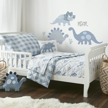 UPC: 0190945090287 | Levtex Baby – Dino Toddler Bed Set – Shades of Blue and Grey – Dinosaur – 5 Piece Set Includes Reversible Quilt  Fitted Sheet  Flat Sheet  Pillow Case  Decorative Pilow