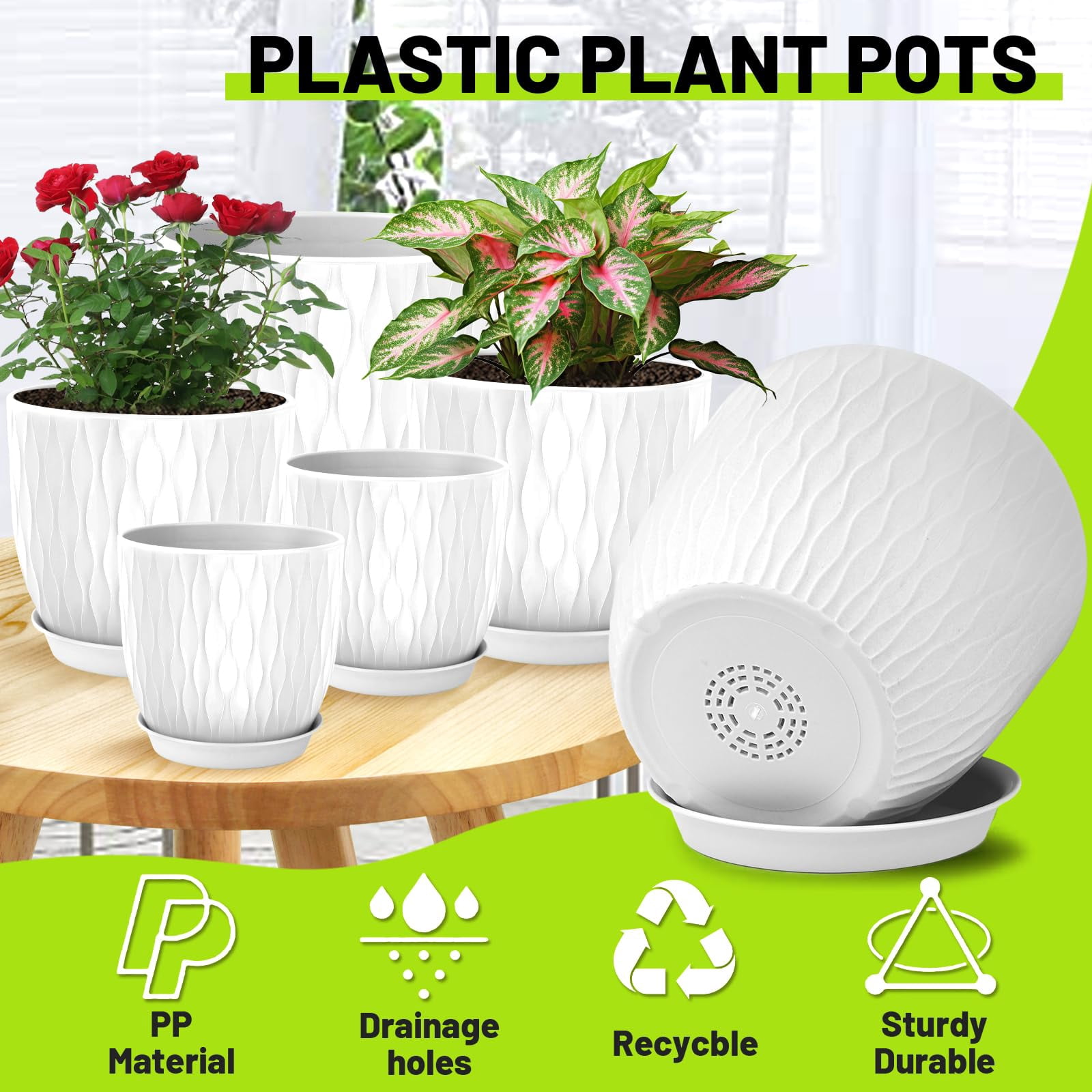 Set of 5 Plastic Plant Pots, 10 9 8 7.5 7 Inch Flower Planters with Drainage & Saucers, White