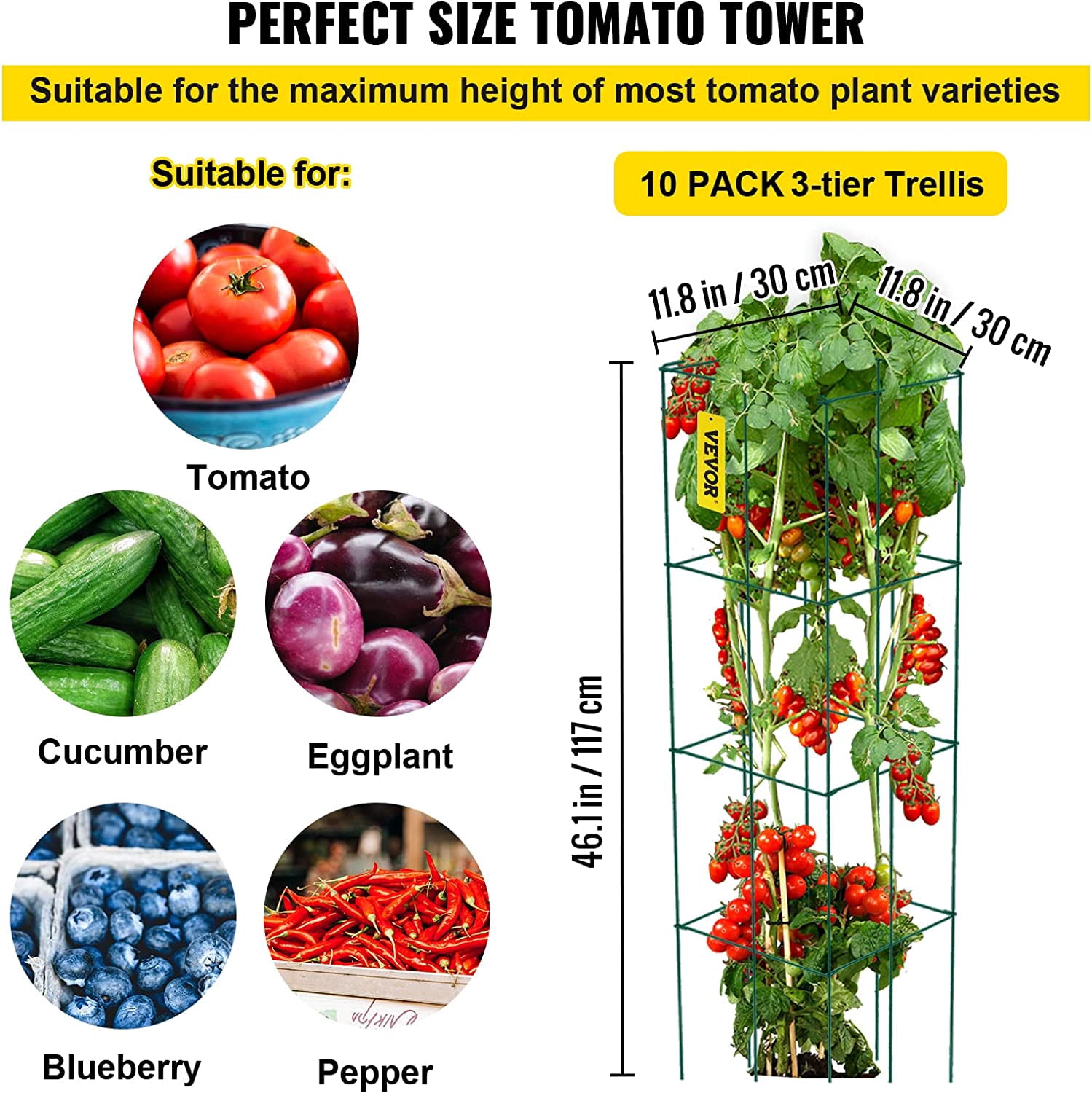 WBTER Tomato Cages, 11.8" x 11.8" x 46.1", 10 Packs Square Plant Support Cages, Green PVC-Coated Steel Tomato Towers for Climbing Vegetables, Plants, Flowers, Fruits