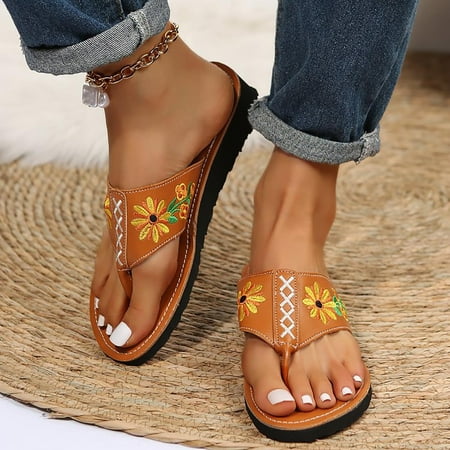 

Aueoeo Slippers For Women Slippers With Arch Support For Women Summer New Round Head Thong Cool Half Drag Ethnic Style Embroidered Slippers Women Clearance
