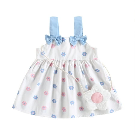 

Baby Girls Summer A-Line Dress Casual Flower Print Sleeveless Dress with Cute Bag Beach Party Wear