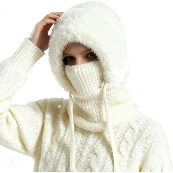 3 in 1 Beanie Hat for Women – Cold Resistant Knit Hooded Scarf & Neck Warmer, Thick Plush-Lined Winter Hat