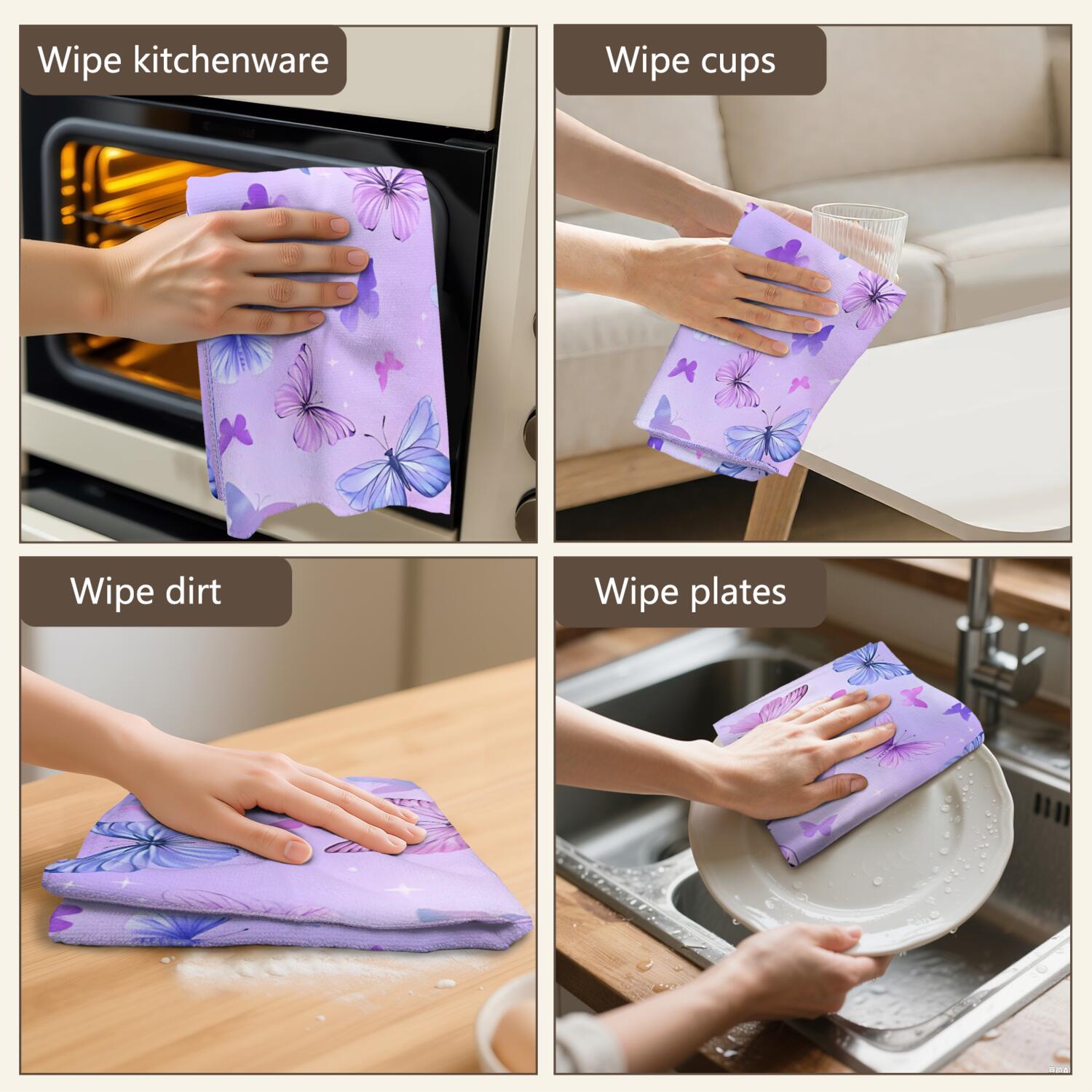 6 Pcs Funny Kitchen Towels,Purple Butterfly Pattern Microfiber Dish Towels,Kitchen Tea Towels,Kitchen Towel Set (18" X 26")