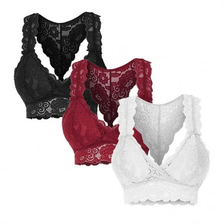 

3PC Womens Sexy Lace Bralettes V Neck Plus Size Padded Racerback Bustier Floral Lace Bra Comfy Corset Bra