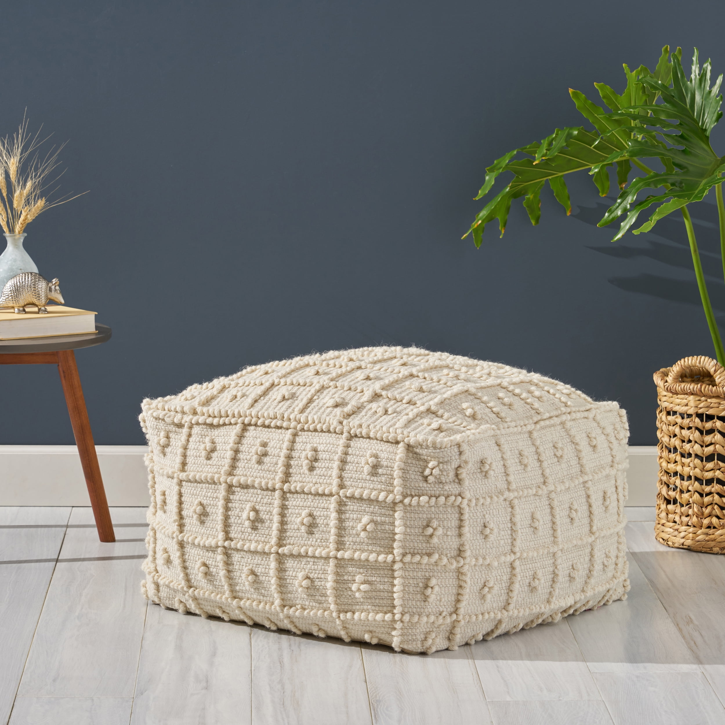 Noble House Joel Boho Wool and Cotton Large Ottoman Pouf, Ivory