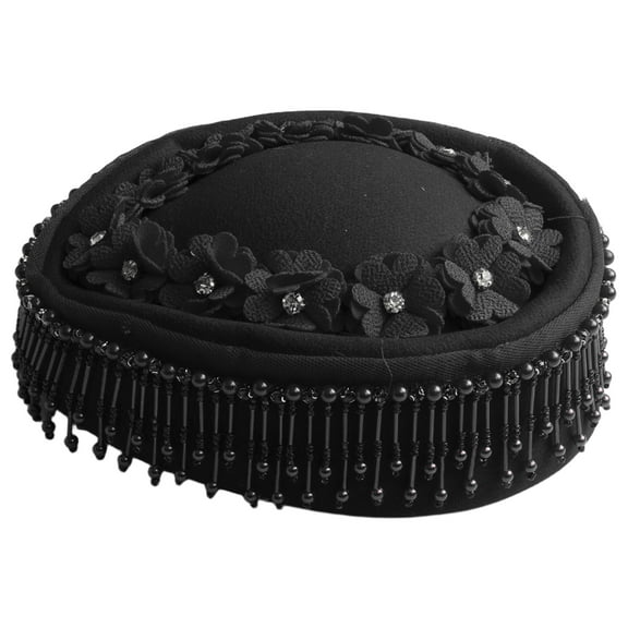 Doomiva Felt Beret Caps Pillbox Derby Hat Rhinestones Flower Beaded Tassel Fascinator for Cocktail Black One Size