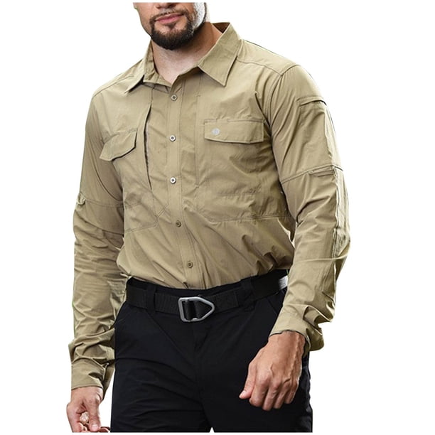 Blusa y camisa de manga larga con cuello vuelto para hombre, estilo casual, de color liso, con botones y bolsillos, de poliéster.