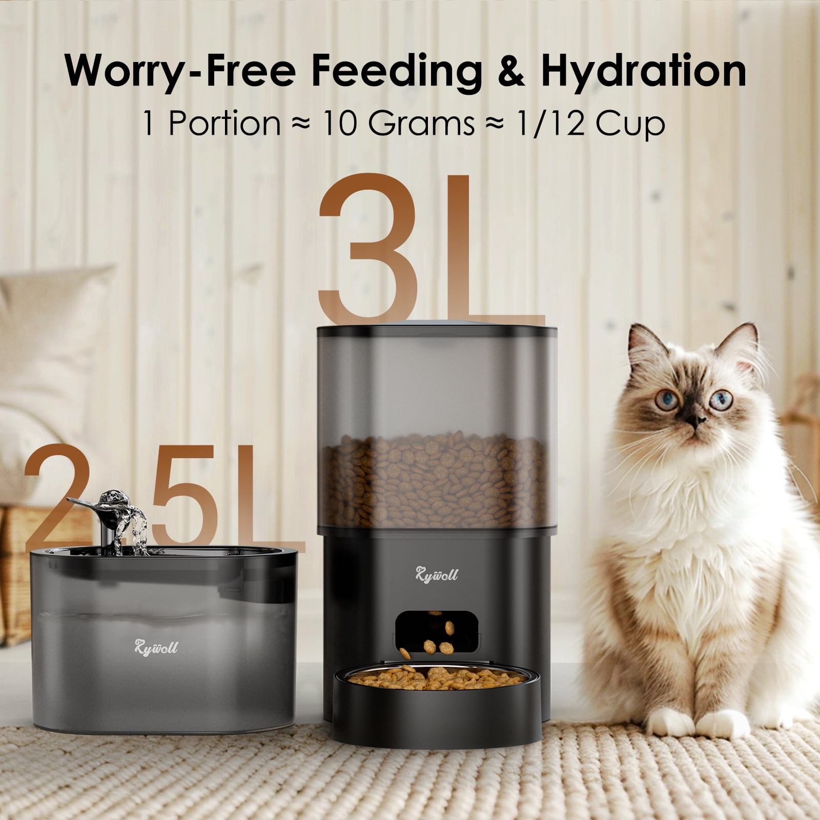 Rywell Automatic Cat Feeder with Water Dispenser, 2-in-1 Feeding Set with Feeding Schedule & Voice Recorder, Dual Power Supply, Auto Cat Food Dispenser for Cat