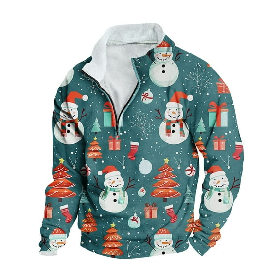 KeShDi Christmas Sweatshirts Men's Casual Hoodie Christmas Printed Stand Collar Zipper Long-sleeved Loose Top Multicolor 5X