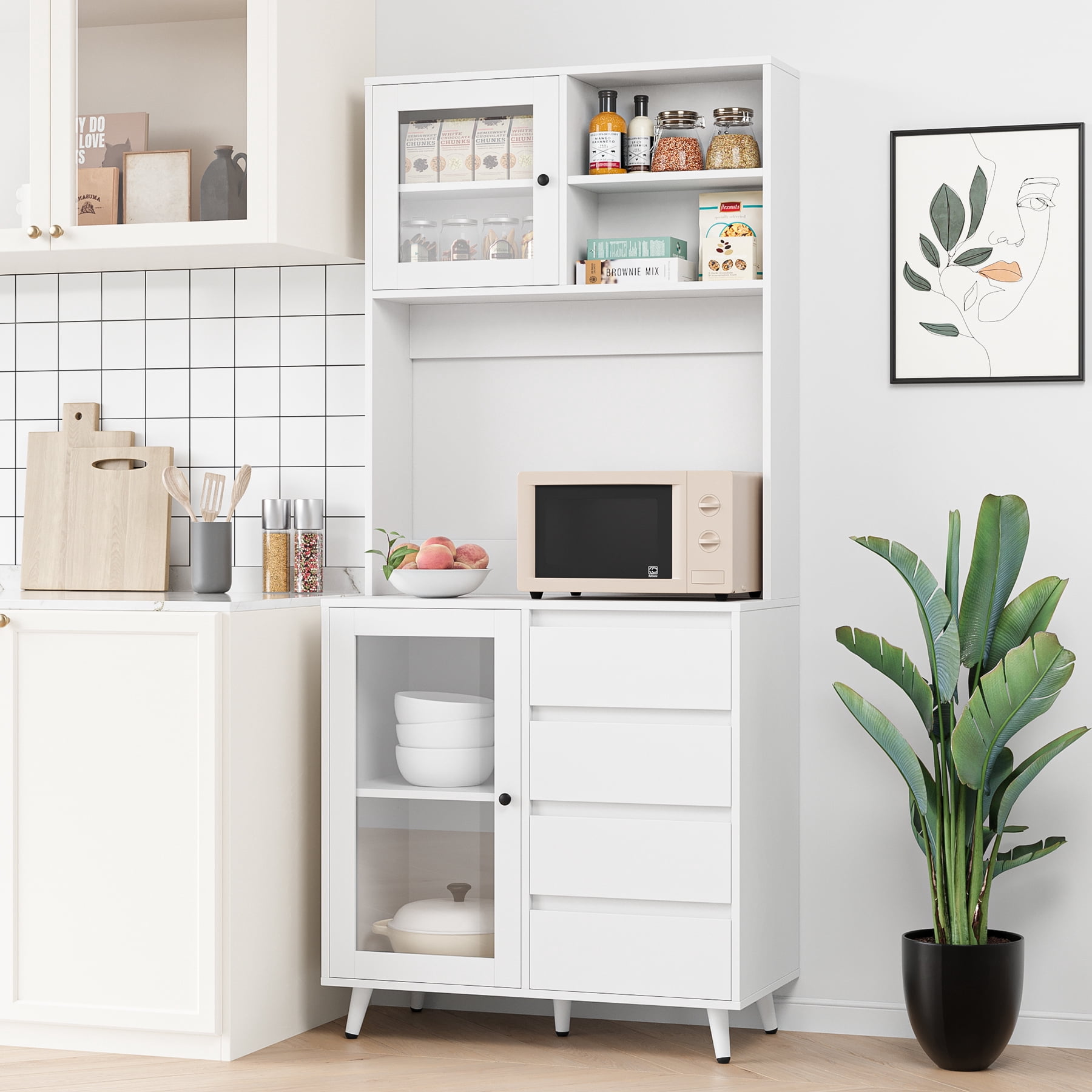 Homfa 70''H Pantry Storage Cabinet, Kitchen Hutch Cabinet with Tempered Glass Doors & 2 Adjustable Shelves, White