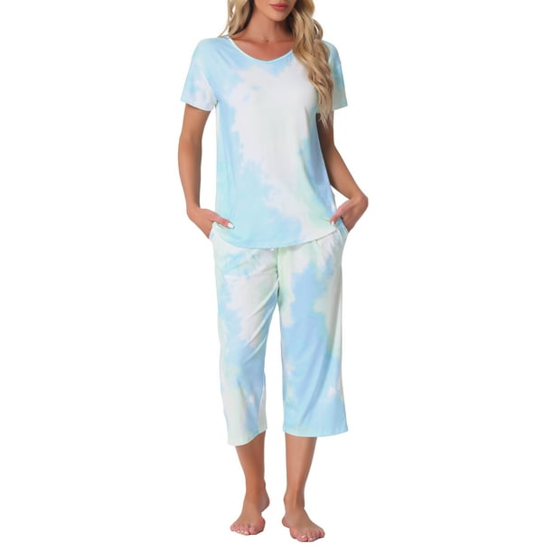 CONJUNTO DE PIJAMA PARA MUJERES INSPIRE CHIC Tie Dye de Manga Corta y Pantalones Capri con Bolsillos XL Verde