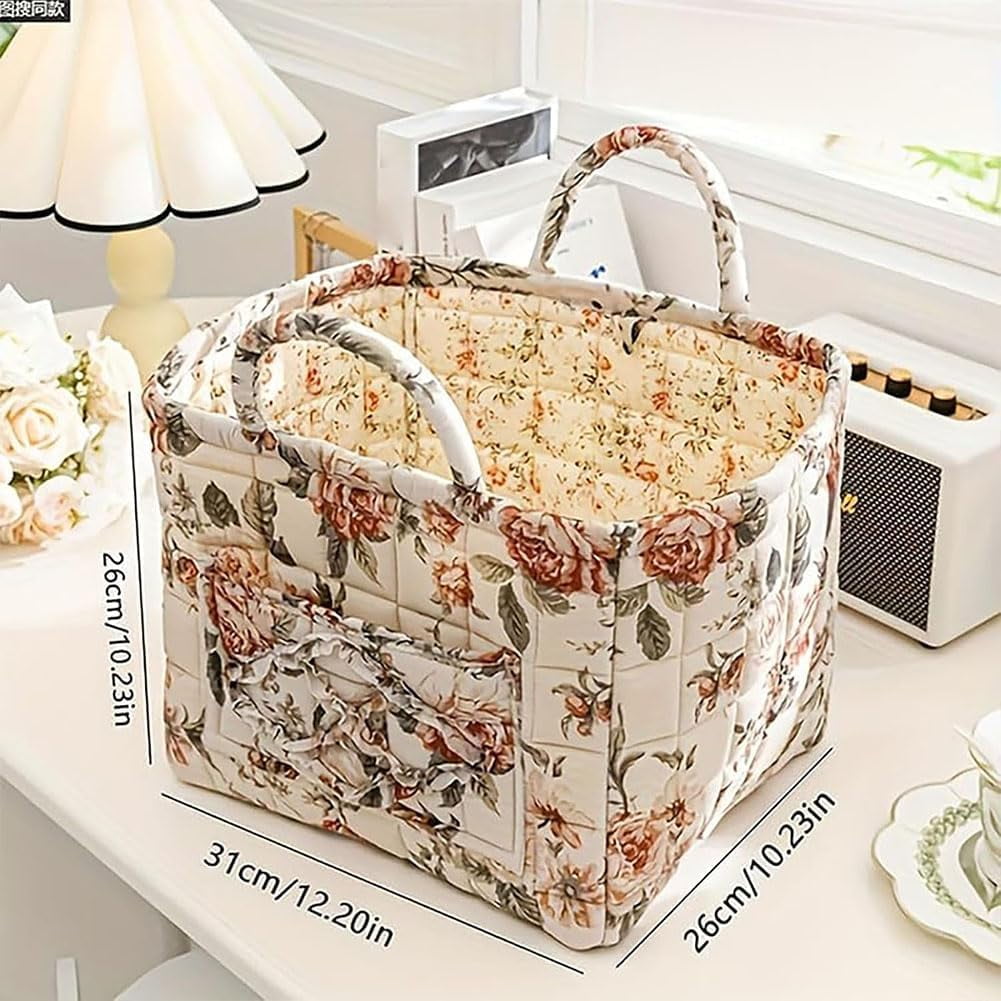 Boho Fabric Storage Basket, Boho Floral Laundry Baskets, Collapsible Bohemian Style Puffer Quilted Tote, Large Capacity Spring Vintage Storage Bag Organizer with Handle & Front Pocket