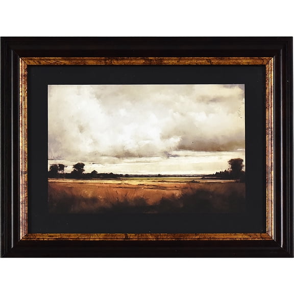 11x8 Country Landscape Wd Textured Paper Print with Black Mat, Glass and Black Frame with Copper-Gold Accent, Rustic Farmhouse Decor