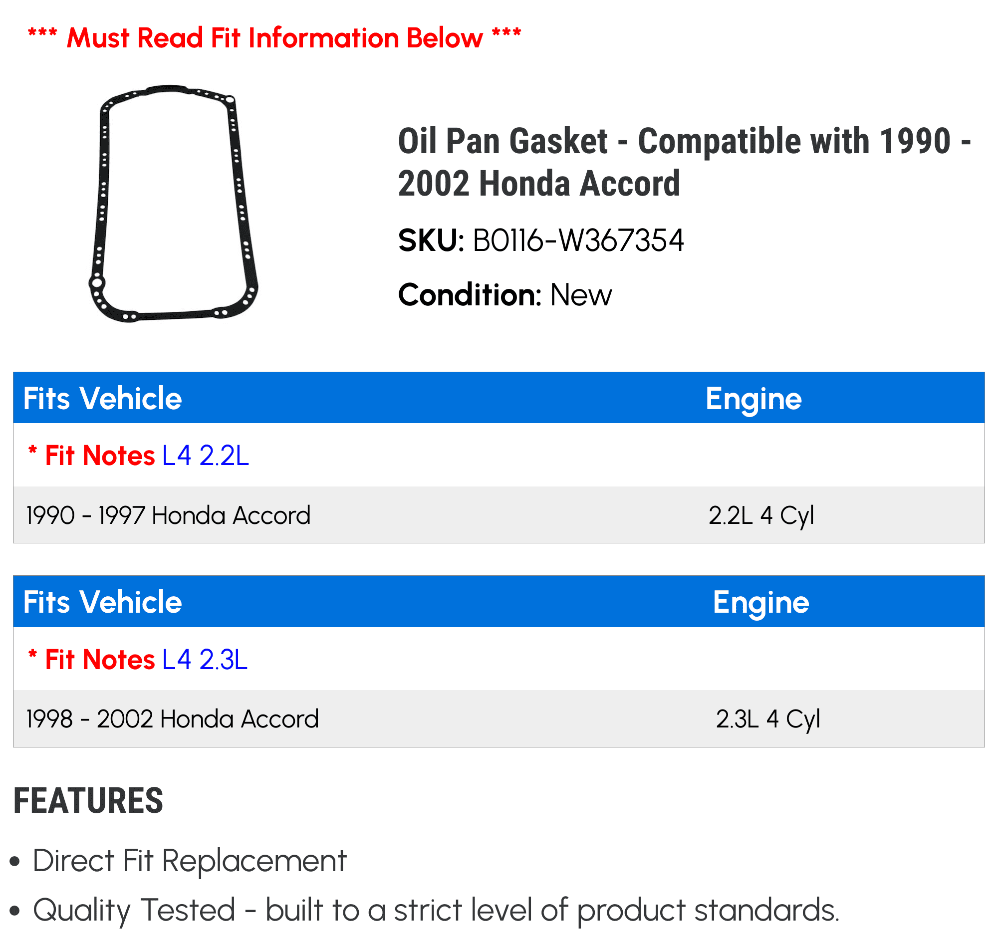 Oil Pan Gasket - Compatible with 1990 - 2002 Honda Accord 1991 1992 1993 1994 1995 1996 1997 1998 1999 2000 2001