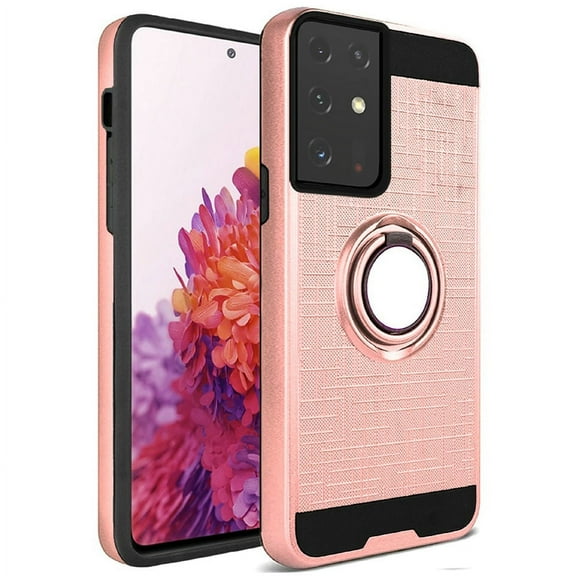 for Samsung Galaxy S21 Ultra (6.8") Hybrid Ring Stand Brushed 360 Degree Rotating Magnetic Bracket Dual Layer Armor Rugged Cover ,Xpm Phone Case [Rose Gold]