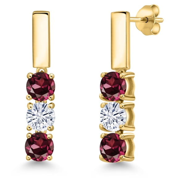 Gem Stone King 18K Yellow Gold Plated Silver Red Rhodolite Garnet and White Moissanite Drop Dangle Earrings for Women | 1.70 Cttw | Gemstone January Birthstone | Round 5MM