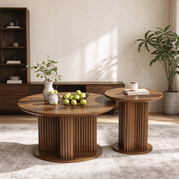 Coffee Table Set of 2 Mid Century Modern Side Table Fluted Round Multifunctional Center Tables for Living Room, Walnut