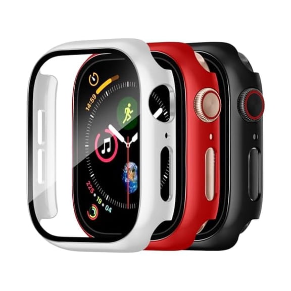Compatible with Apple Watch Screen Protector Case 45mm Series 9 8 7 iWatch Cover, 3 Pack Hard PC Edge Bumper Cases Full Coverage Touch Sensitive Protective Screen Covers, Red/White/Black, 45mm