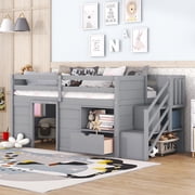Bellemave Low Loft Bed with Storage, Wooden Twin Size Loft Bed Frame with Stairs, Kids Loft Bed with Shelf and Drawer for Girls Boys (Gray)