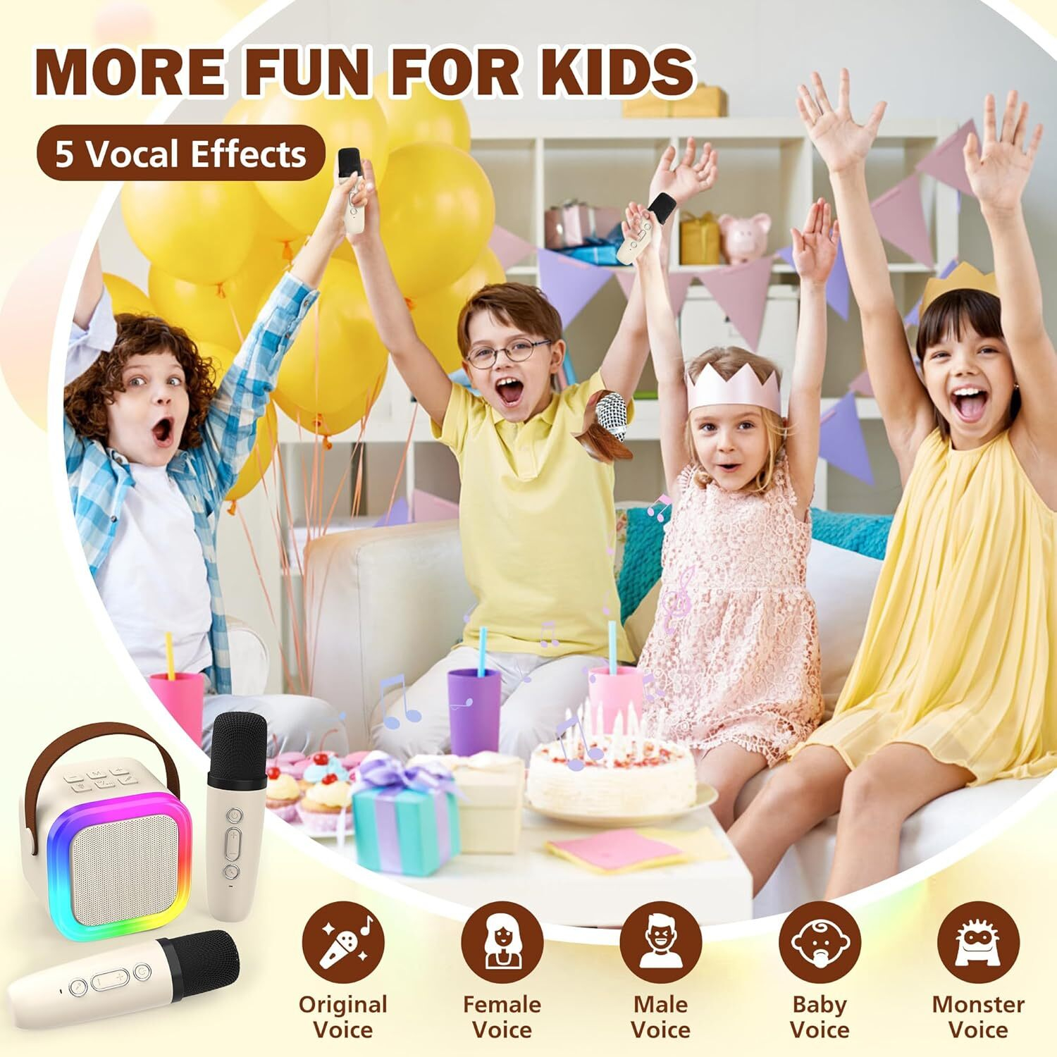 FFORCE Mini Karaoke Machine for Kids and Adults — Portable Bluetooth Speaker with 2 Wireless Microphones, Home Karaoke System, Gift for Girls Ages 4-12+ (Beige)