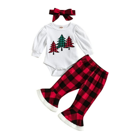 

Mieeyali Infant Baby Christmas Romper Set Long Sleeves Round Neck Christmas Tree Print Jumpsuit + Plaid Flare Pants + Headband
