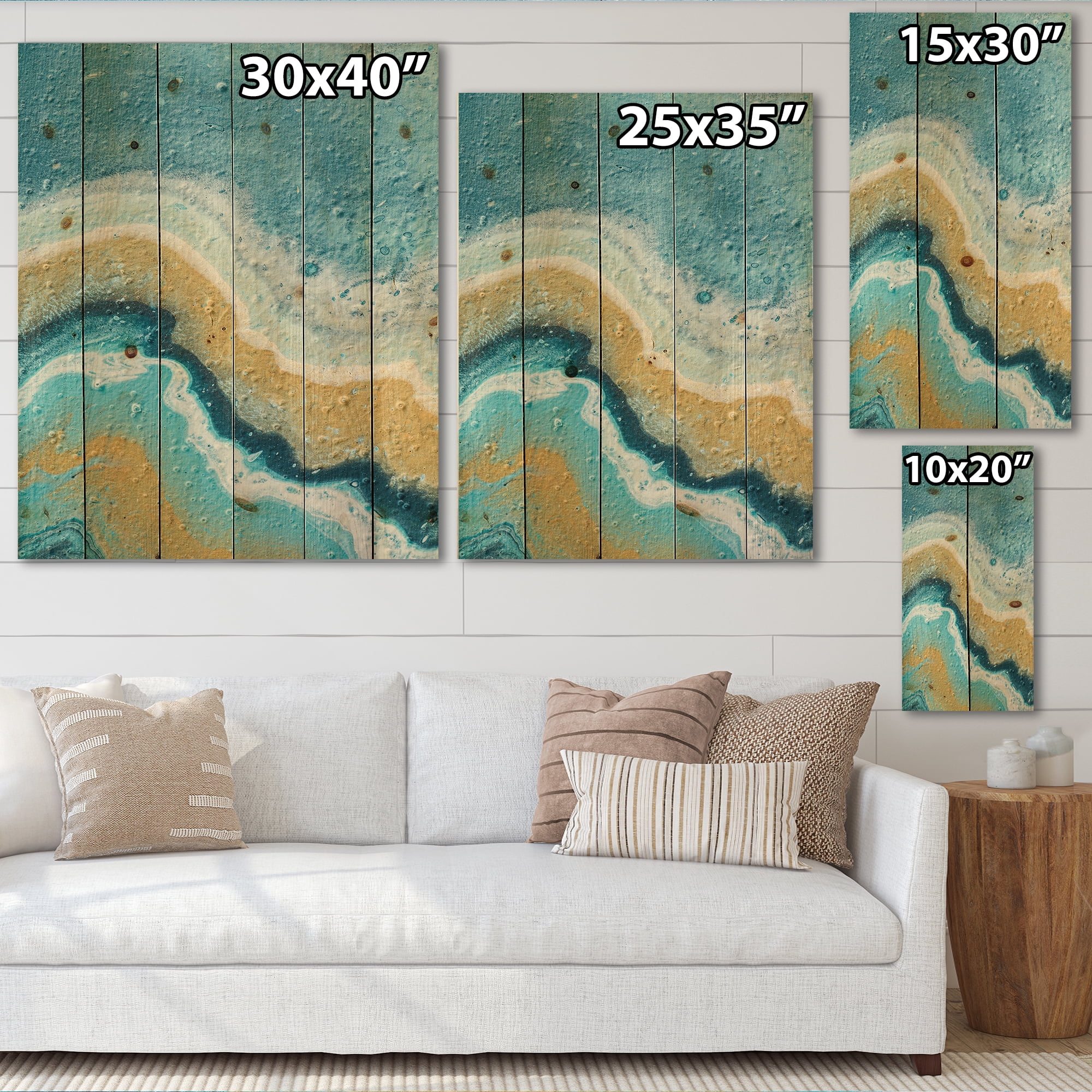Designart 'Abstract Composition In Blue and Yellow VI' Modern Print on Natural Pine Wood