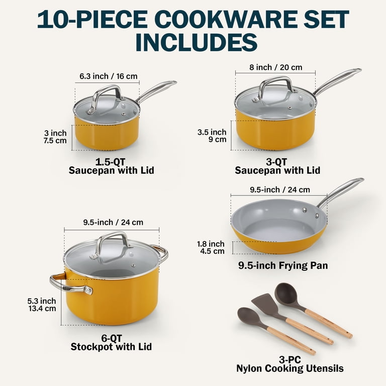 Cook N Home 10-Piece Nonstick Ceramic Cookware Set, Yellow photo 3