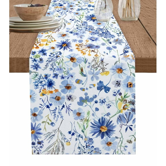 Botanical Floral Table Runner Cotton Linen 36 Inch Holiday Dresser Scarves, Blue Flowers Watercolor Wildflowers Tablerunner for Kitchen Coffee Dining Bedroom Living Room Dinner Scarf Décor 13''x36''