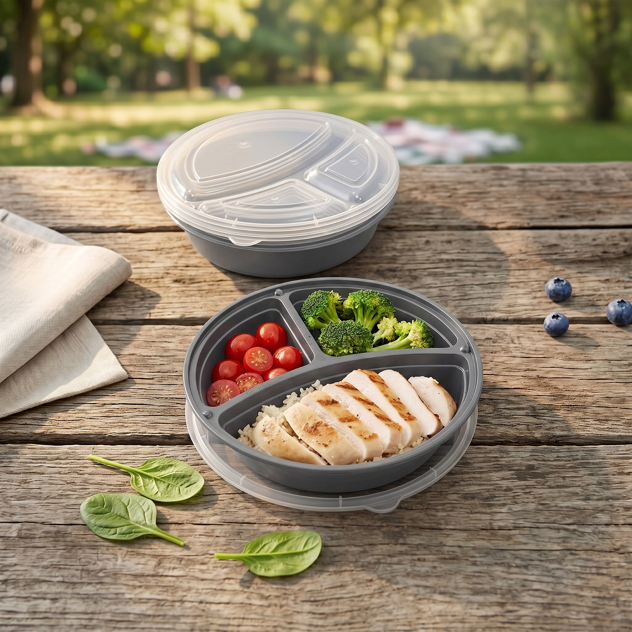 Mainstays 5-Pack 3-Compartment Round BPA-Free Plastic Meal Prep Food Storage Containers, 1 L, Soothing Grey